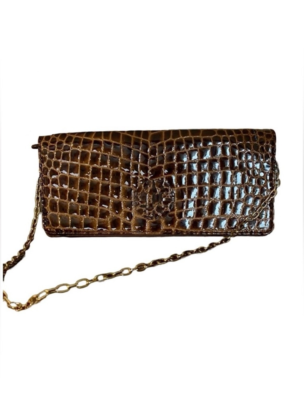 ANTONIO MELANI FAUX BROWN PATENT LEATHER CROCODILE EMBOSSED CLUTCH/SHOULDER BAG